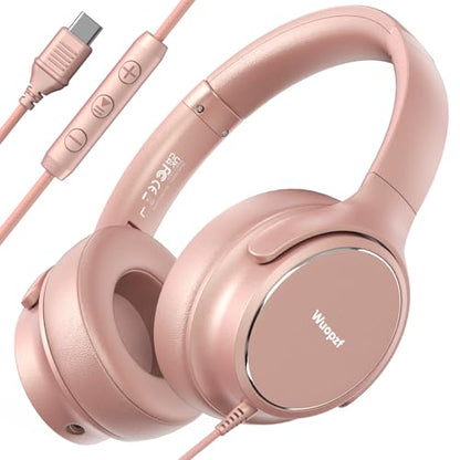 USB C Wired Over-Ear Headphones with Microphone - color: New Rose Gold