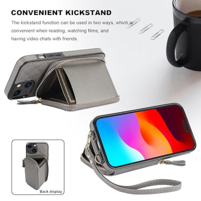 Bocasal Crossbody Wallet Case Card Holder for iPhone 13, Grey | RFID Blocking PU Leather Zipper Handbag Purse, Kickstand Flip Folio Case with Card Slots Holder Wrist Strap Lanyard 6.1 Inch - color: Gray