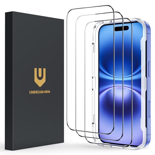 UNBREAKcable for iPhone 16 Screen Protector, 6-Pack Full Coverage Tempered Glass [Military Grade Shatterproof] [9H Hardness] [Easy Installation Frame] [Bubble Free] for iPhone 16 6.1" - size: iPhone 16/15 (Pack of 2)