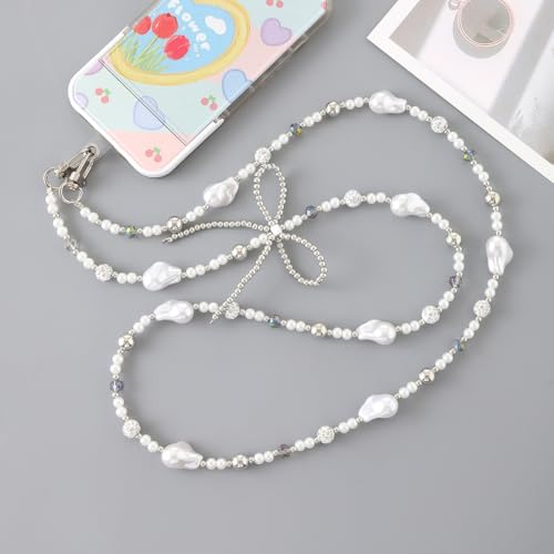 Phone Chain Crossbody Pearl Strap,Pearl Beaded Chain Shoulder Crossbody Lanyard with Phone Tether Patches Compatible with Most Phones Bag Purse(G) - color: G