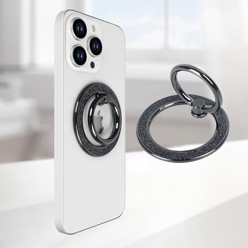Guppy Magnetic Phone Ring Holder, Glitter Magnet Finger Ring Grip Stand Holder, 360° Rotation with Cell Phone Ring Stand, Compatible with MagSafe for iPhone 17 Pro Max 16 15 14 13 12 All-Black - color: Black