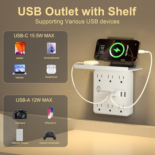 Overtop Power Charger with Shelf,Wall Outlet Extender,Surge Protector 1800J