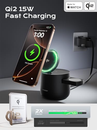 THREEKEY 4 in 1 Qi2 Magnetic Wireless Charging Station, 15W Fast Charger with Made for Apple Watch Charging Module, for iPhone 18–12 Series & AirPods, 65W Adapter Included - color: Black