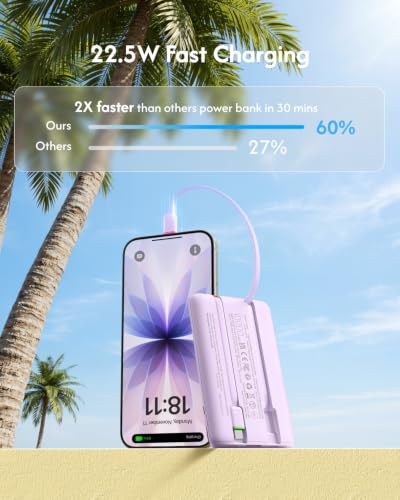VEGER 10000mAh 22.5W Fast Charging Portable Charger with Built-in Cables - color: Purple