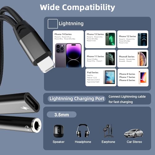 2-in-1 Lightning to 3.5mm Jack Headphone and Charger Cable Adapter,Earphones Converter Splitter Support Music+Charge+HiFi+Mic+Control for iPhone 14 Pro Max/14 13 12 11【Apple MFi Certified