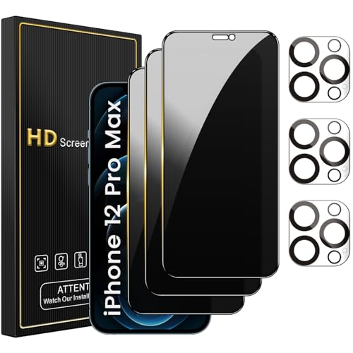Romkasi 3 Pack Privacy Screen Protector for iPhone 12 Pro Max 6.7 Inch with 3 Pack Camera Lens Protector, Anti Spy Tempered Glass Film, Anti-Scratch, Touch Sensitive, Case Friendly - color: iPhone 12 Pro Max