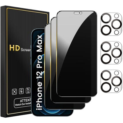 Romkasi 3 Pack Privacy Screen Protector for iPhone 12 Pro Max 6.7 Inch with 3 Pack Camera Lens Protector, Anti Spy Tempered Glass Film, Anti-Scratch, Touch Sensitive, Case Friendly - color: iPhone 12 Pro Max