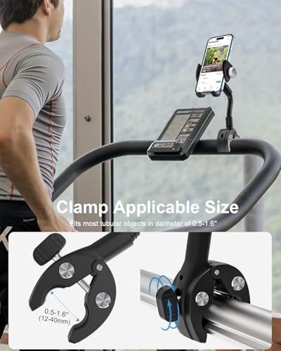Gooseneck Spin Bike Phone Holder, Cell Phone Mount Exercise Bike Handlebar Clamp for Stationary Bicycle, Treadmill, Microphone Stand, for iPhone Air 17 Pro Max 16 15 14 13 12, S25, 4.7-7" Smartphones