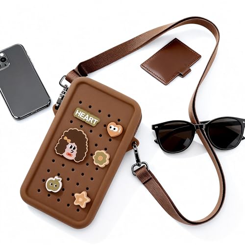 Silicone Crossbody Bag for Women, DIY Charm Compatible Perforated Hole Design, Compact Waterproof Lightweight Phone Purse with Adjustable Strap for Daily Use (Brown) - color: Brown
