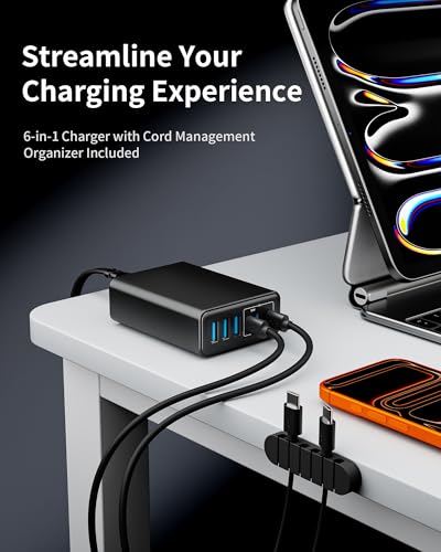 105W USB C Charger Block, 6-Port GaN Desktop Charger USB C Charging Station - color: Black, size: 105W