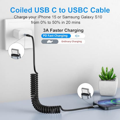 USB C to USB C Cable [3FT+6FT], 2Pack Coiled USB C Charger Cable for Car - color: Black, size: 3FT+6FT