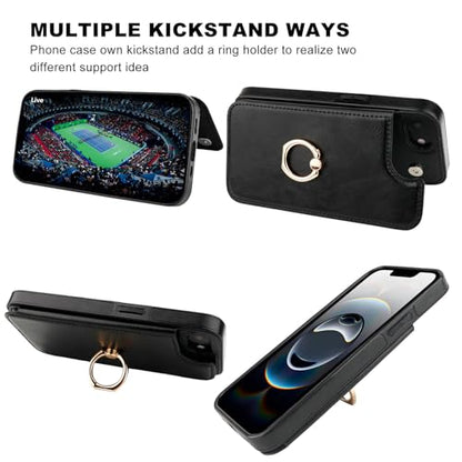 ONETOP for iPhone 17e/16e Wallet Case with Credit Card Holder,Black | 360° Rotation Ring Kickstand,Finger Grip,Double Magnetic Clasp,RFID Blocking PU Leather Shockproof Cover for Women Men - color: Black