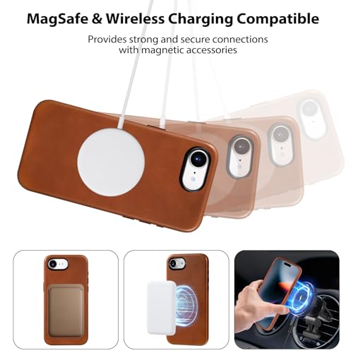 Belemay Handcrafted Full-Grain Vegetable-Tanned Leather Case for iPhone 17e / iPhone 16e, Compatible with MagSafe, Two-Tone Effect, Natural Patina, Metal Buttons Luxury Cover (6.1"), Saddle Brown - color: Saddle Brown