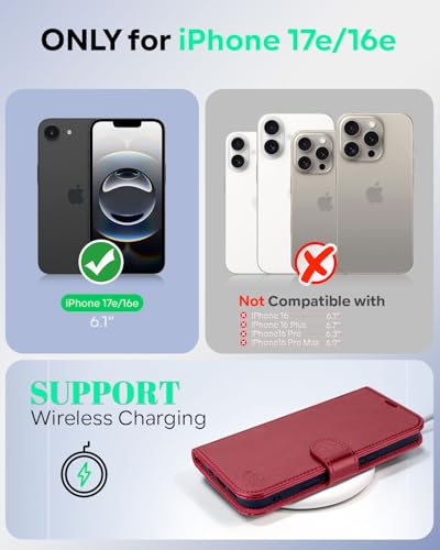 OCASE for iPhone 17e/iPhone 16e Wallet Case, Card Holder, Red | RFID Blocking, Kickstand, Magnetic Closure, PU Leather Flip Folio, Shockproof TPU Shell, Protective Phone Cover (6.1") - color: Red