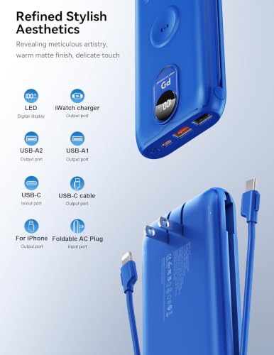 Portable Charger 10000mAh 20W, Wall Plug, 2 Cables, iWatch Charging - color: Sapphire Blue