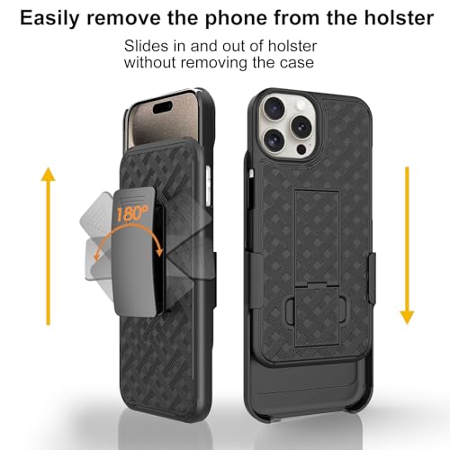 for iPhone 15 Pro Stand Case, Clip Holster, Screen Protector-Black | Camera Lens Protector, Swivel Kickstand Belt Holder, Slim Shell Pouch Full Body Protective,Rugged Shockproof Cell Phone Cover - size: iPhone 15 Pro