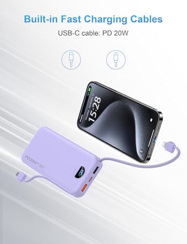 Ffnpua Portable Charger Power Bank 10000mAh PD20W w/Built-in Cables