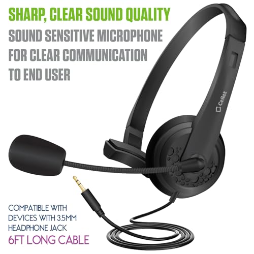 Cellet Wired Hands Free Headphones with 3.5mm Jack, Compatible to Computer Cellphone Headphone PC Skype Webinar Smart Phone Call Center Use Hands Free for delivery man Truck Driver