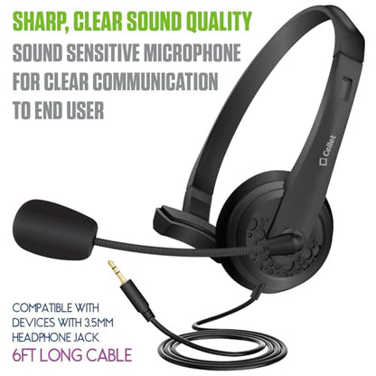 Cellet Wired Hands Free Headphones with 3.5mm Jack, Compatible to Computer Cellphone Headphone PC Skype Webinar Smart Phone Call Center Use Hands Free for delivery man Truck Driver