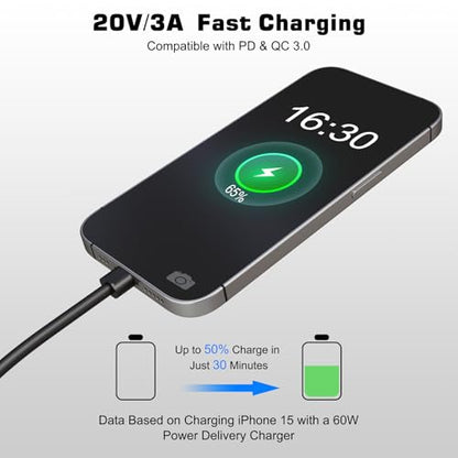 DbillionDa USB C to USB C Cable, Short Connector Charger (6ft, 60W) for iPhone 15, Galaxy S23, MacBook Pro 2020, iPad Pro, iPad Air 4, Pixel, Switch & More – Enhanced Gaming Comfort