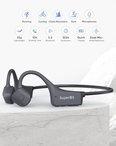 Bone Conduction Headphones - Bluetooth 5.2 Open Ear Headphones IP67 Waterproof Sport Earphones with Noise-Cancelling Mic - Wireless Bone Conducting Headset for Running Hiking Cycling - color: GREY