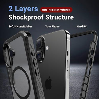 jaroco Magnetic for iPhone 16 Case Heavy Duty Protection Black | Compatible with MagSafe,Military Grade Drop Protection,Translucent Matte,Non-Slip,Shockproof 2-Layer Durable Bumper Case - color: Black, size: iPhone 16