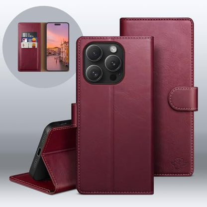 Wallet Case for iPhone 15 Pro Max 6.7", Wine Red | RFID-Blocking Card Holder, Kickstand, Magnetic Closure, PU Leather Folio Flip Cover, Protective Women Men Cases - color: Wine Red, size: iPhone 15 Pro Max