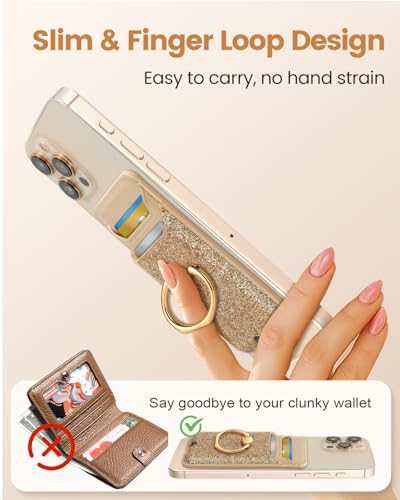 Shorogyt Compatible with Magsafe Wallet with Ring, Glitter Gold - color: Glitter Gold