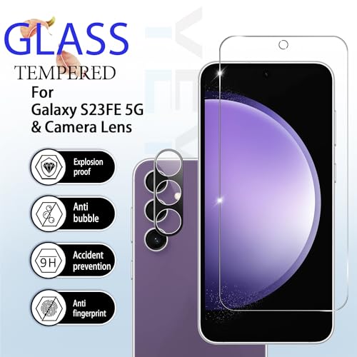 Galaxy S23 FE HD Clear Tempered Glass Screen Protector + Camera Lens Protectors, [2+2 Pack] [3D Glass] [Fingerprint Support] Screen Protector Glass For Samsung Galaxy S23 FE - size: Galaxy S23 FE
