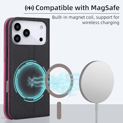 VISOUL Pebbled Leather Wallet Case for iPhone 17 Pro Max 6.9" 2025, Genuine Leather Flip Folio Cover with RFID Blocking Card Holders, Kickstand, Soft TPU Protective Flip Cover -Black+Peach Red - color: Black+Peach Red