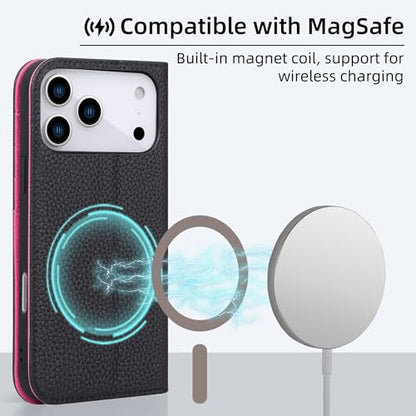 VISOUL Pebbled Leather Wallet Case for iPhone 17 Pro Max 6.9" 2025, Genuine Leather Flip Folio Cover with RFID Blocking Card Holders, Kickstand, Soft TPU Protective Flip Cover -Black+Peach Red - color: Black+Peach Red