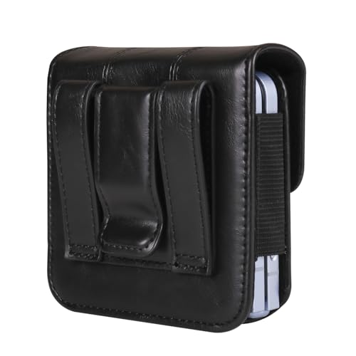 Galaxy Z Flip 5G Waist Belt Bag Leather, Mobile Phone Holster Wear Belt Waist Pack Leather Case with Belt Loop Compatible with Samsung Galaxy Z Flip 7 6 5 4 3 5G (SM-F700 SM-F707 SM-F711) Moto RAZR - color: Black