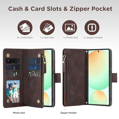 for Samsung Galaxy S24-FE-Wallet Case: with RFID Blocking Card Slots (6 Cards) | Soft PU Leather Magnetic Snap Zipper Pocket | Crossbody Wrist Strap Protective Phone Cover - Coffee - color: Coffee, size: Galaxy S24 FE（6.7‘’）