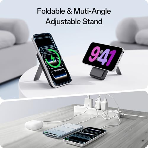 iWALK Qi2 Certified 15W Magnetic Wireless Power Bank, 10000mAh Fast Charging Portable Charger with Adjustable Stand and LED Display, Compatible with iPhone 18/17/16/15/14/13/12 - color: black