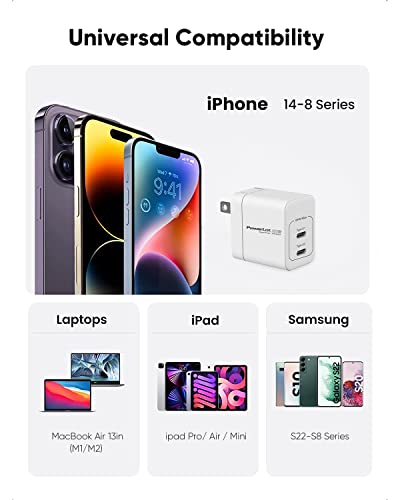 PowerLot USB C Charger, GaN III 35W Dual USB C Wall Charger, PPS Super Fast Charging Block with Foldable Plug for iPhone 15 14 13 12 11, Samsung S23 S22 S21, Pixel 7 6 Pro, MacBook Air, iPad, iWatch - color: White