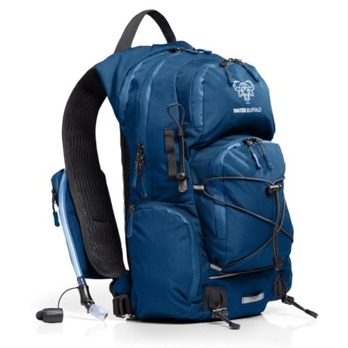 Water Buffalo Sherpa 22L Hiking Hydration Backpack, 2L Bladder | Hiking Backpack with Water Bladder, Waterproof Zippers, Phone Compartment, Trekking Pole Holders, Padded Straps - color: Navy Blue