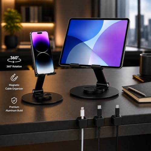 Phone & Tablet Stand for Desk (2 peice) with 6 Magnetic Cable Organizer Clips, 360 Rotating Adjustable Height Stand, Compatible with iPhone, iPad, All Smartphones Tablets, Desk Organization Bundle.