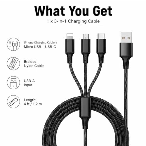3-in-1 Multi Fast Charging Cable 4FT Nylon Braided Micro USB USB-C for iPhone 14 13 12 Pro Max Samsung OnePlus Xiaomi Travel Car Accessories - color: Black