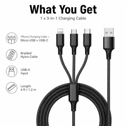 3-in-1 Multi Fast Charging Cable 4FT Nylon Braided Micro USB USB-C for iPhone 14 13 12 Pro Max Samsung OnePlus Xiaomi Travel Car Accessories - color: Black