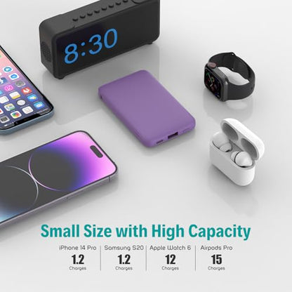 Sethruki Smallest Portable Charger with Built-in Cables 5000mAh,Ultra Slim Power Bank,Mini High Speed External Battery Packs,Lightweight USB C Phone Charger for iPhone Samsung Google Android (Purple) - color: purple