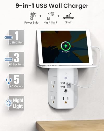 Mifaso Outlet Extender with Shelf and Night Light, 1800J Surge Protector - color: White, size: 1C3A