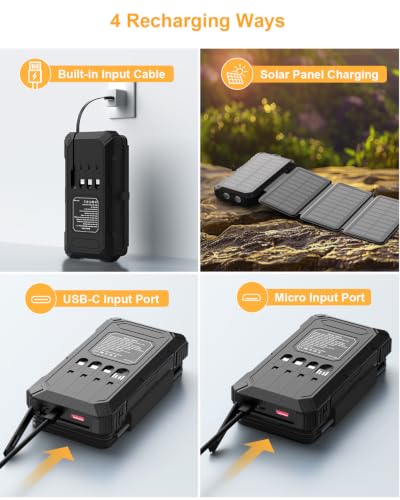 Solar Charger Power Bank 49800mAh with 4 Built-in Cables & 4 Foldable Panels, 22.5W Fast Portable Phone Charger, External Battery Pack with USB-C in/Output & Flashlight for Outdoor Camping - color: Dark grey-black