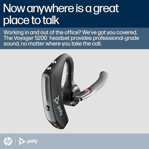 Poly Voyager 5200 Wireless Headset (Plantronics) - Single-Ear Bluetooth Headset w/Noise-Canceling Mic - Ergonomic Design - Voice Controls - Lightweight - Connect to Mobile/Tablet via Bluetooth