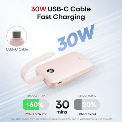 iWALK Magnetic Power Bank 10000mAh, 30W Wireless Portable Charger with Fast Charging USB-C Cable,Qi2 Certified 15W Battery Pack with LED Display for iPhone 17/16/16 Pro/15/14/13 Series, Samsung Galaxy - color: Pink