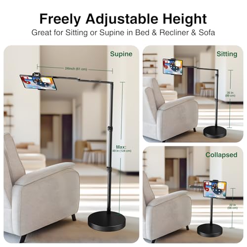 elitehood Adjustable Tablet Floor Stand, Aluminum iPad Stand for Bed - style: Side-Clamp Tablet Holder