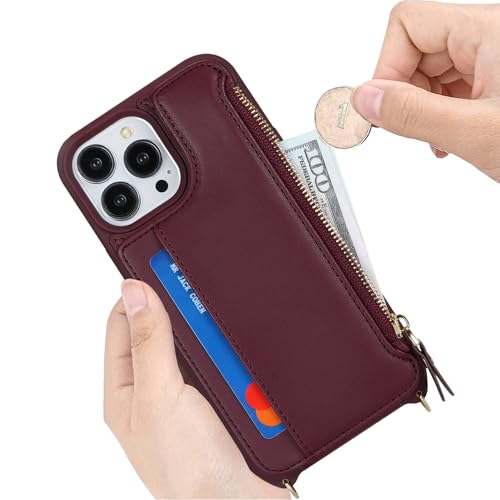 Cavor for iPhone 15 Pro Max Wallet Case with Card Holder Women, Wine red | for iPhone 15 Pro Max Case with Strap,Crossbody and Wristlet Zipper Pocket Phone Cover - color: B-Wine red