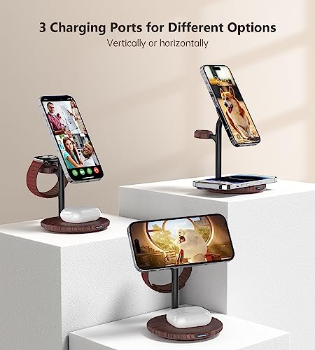 3 in 1 Magnetic Wireless Charging Station for Apple Devices,15W for Magsafe - color: Brown Woodgrain
