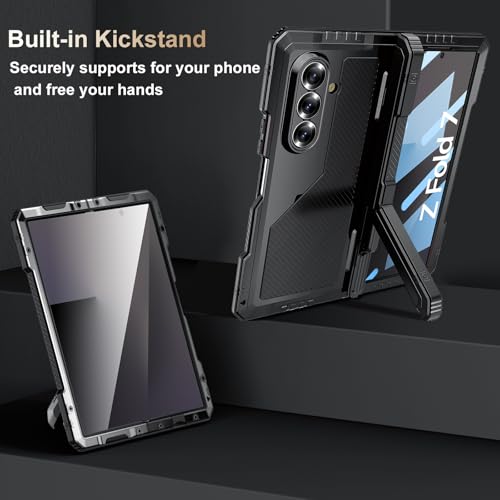 Rugged Armor Case for Samsung Galaxy Z Fold 7 5G, Military Grade Shockproof Protective with Kickstand, Built-in Screen Protector, Metal Bumper & Full Hinge Protection Cover, Black - color: Black