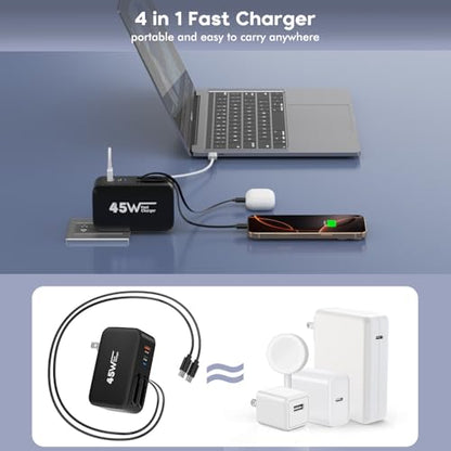 4 in 1 Retractable Wall Charger Dual USB C Cable Plug,45W USBC Fast Retractable iPhone Charger Foldable Block Dual Port(USB C+USB A) with Dual USB C Cable Fast Charger for iPhone 17/16/15,iPad Pro/Air