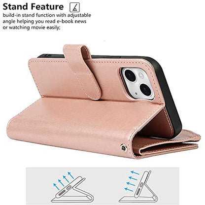 iCoverCase Compatible with iPhone 13 Wallet Phone Case with Card Holder, PU Leather Zipper Pocket Magnetic Detachable Flip Case with Wrist Strap (Rose Gold) - color: Detachable--Rose Gold